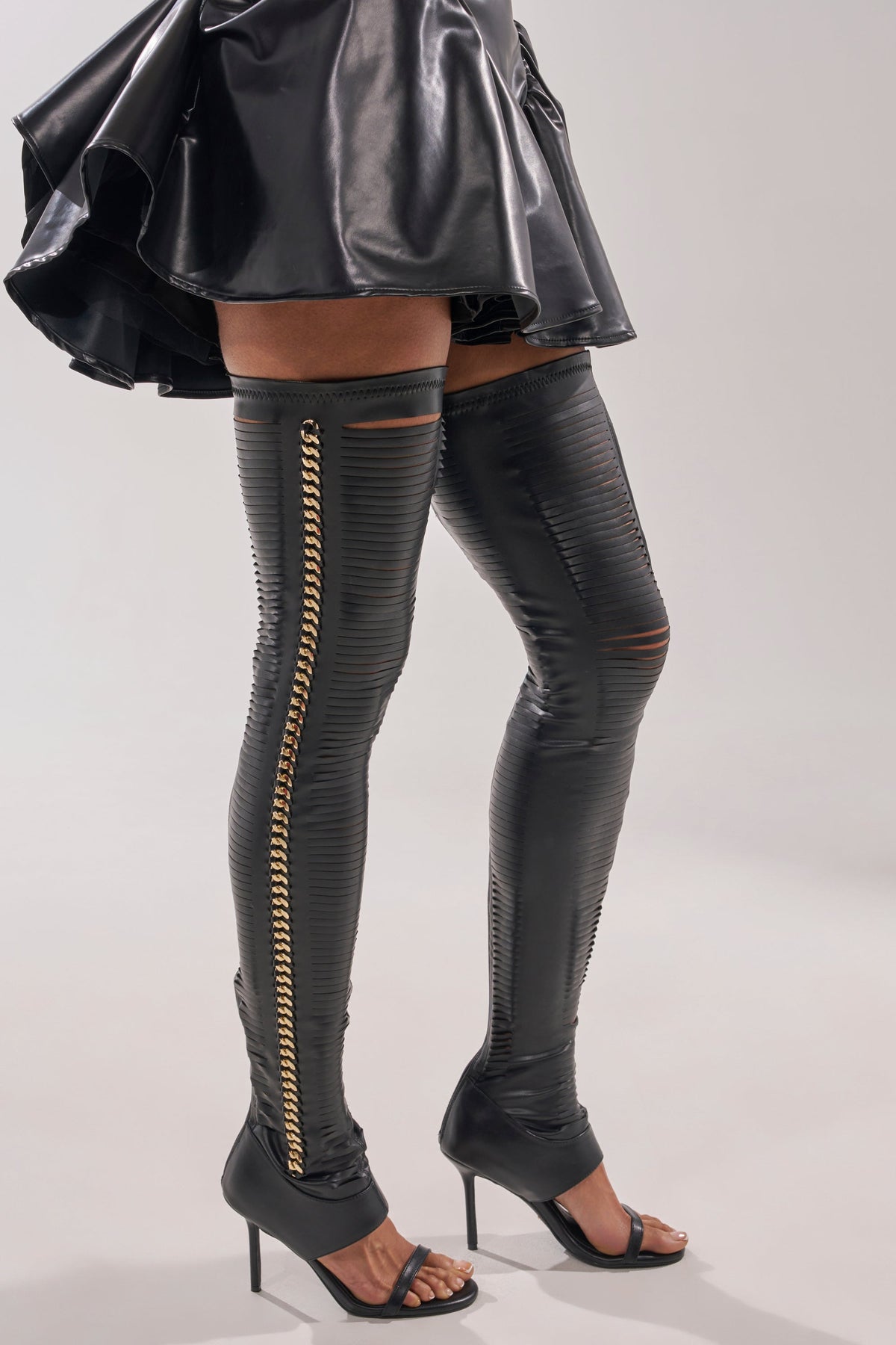 AZALEA WANG ZARIE BLACK THIGH HIGH STRETCH PU GOLD EMBELLISHED STILETTO BOOT