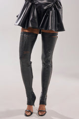 AZALEA WANG ZARIE BLACK THIGH HIGH STRETCH PU GOLD EMBELLISHED STILETTO BOOT