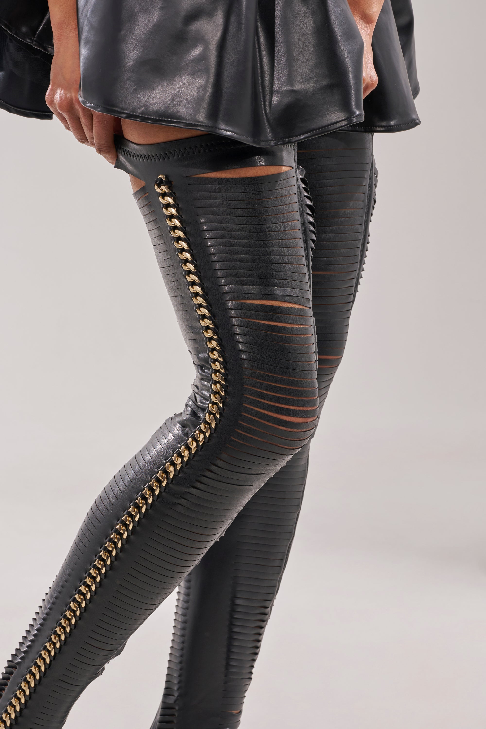 AZALEA WANG ZARIE BLACK THIGH HIGH STRETCH PU GOLD EMBELLISHED STILETTO BOOT