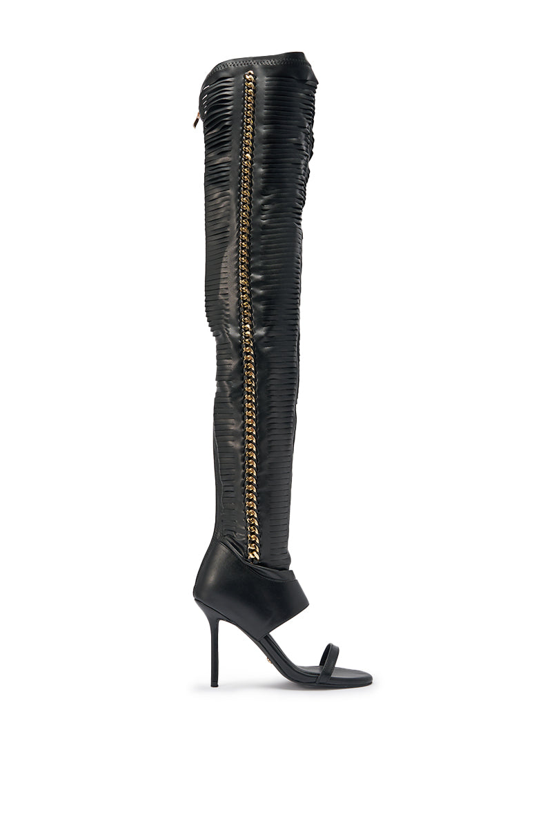 AZALEA WANG ZARIE BLACK THIGH HIGH STRETCH PU GOLD EMBELLISHED STILETTO BOOT