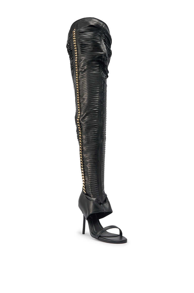 AZALEA WANG ZARIE BLACK THIGH HIGH STRETCH PU GOLD EMBELLISHED STILETTO BOOT