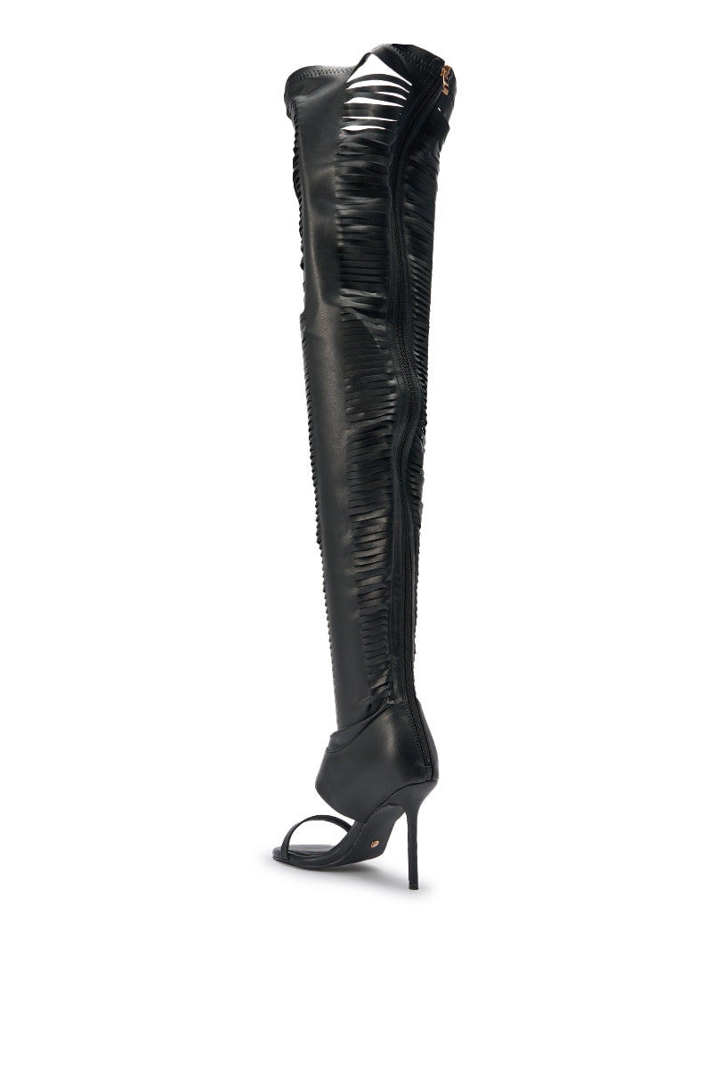 AZALEA WANG ZARIE BLACK THIGH HIGH STRETCH PU GOLD EMBELLISHED STILETTO BOOT