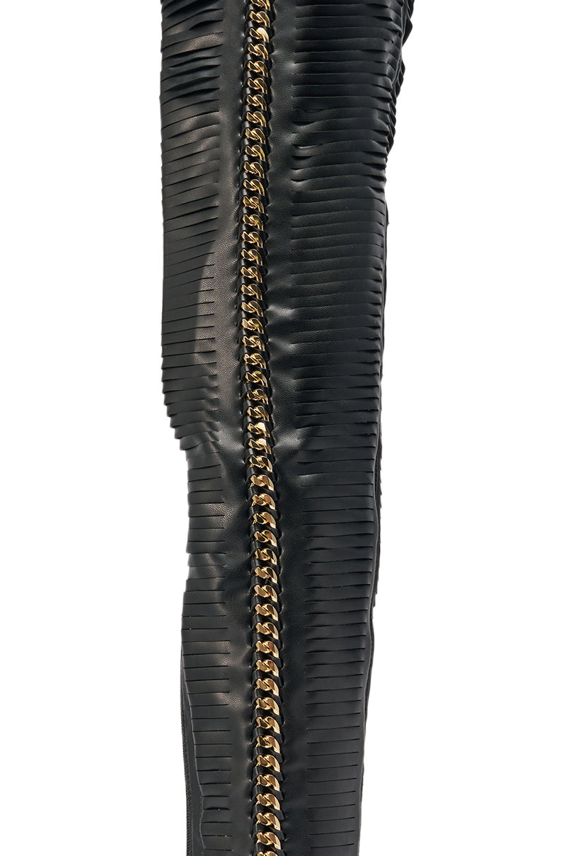 AZALEA WANG ZARIE BLACK THIGH HIGH STRETCH PU GOLD EMBELLISHED STILETTO BOOT