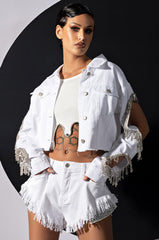 AZALEA WANG CUT OUT ARM RHINESTONE DENIM JACKET