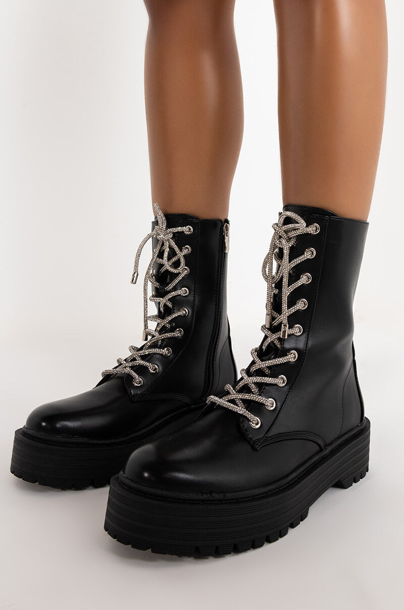 AZALEA WANG DIAMONDS ON MY FEET FLATFORM BOOTIE IN BLACK