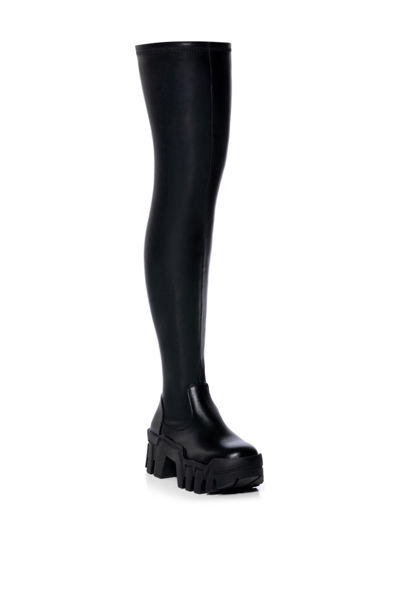 AZALEA WANG FAVORED STRETCH PU THIGH HIGH BOOT IN BLACK