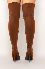 AZALEA WANG EMORY THIGH HIGH STILETTO BOOT IN BROWN STRETCH