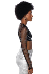 BEJEWELED LONG SLEEVE MESH TOP