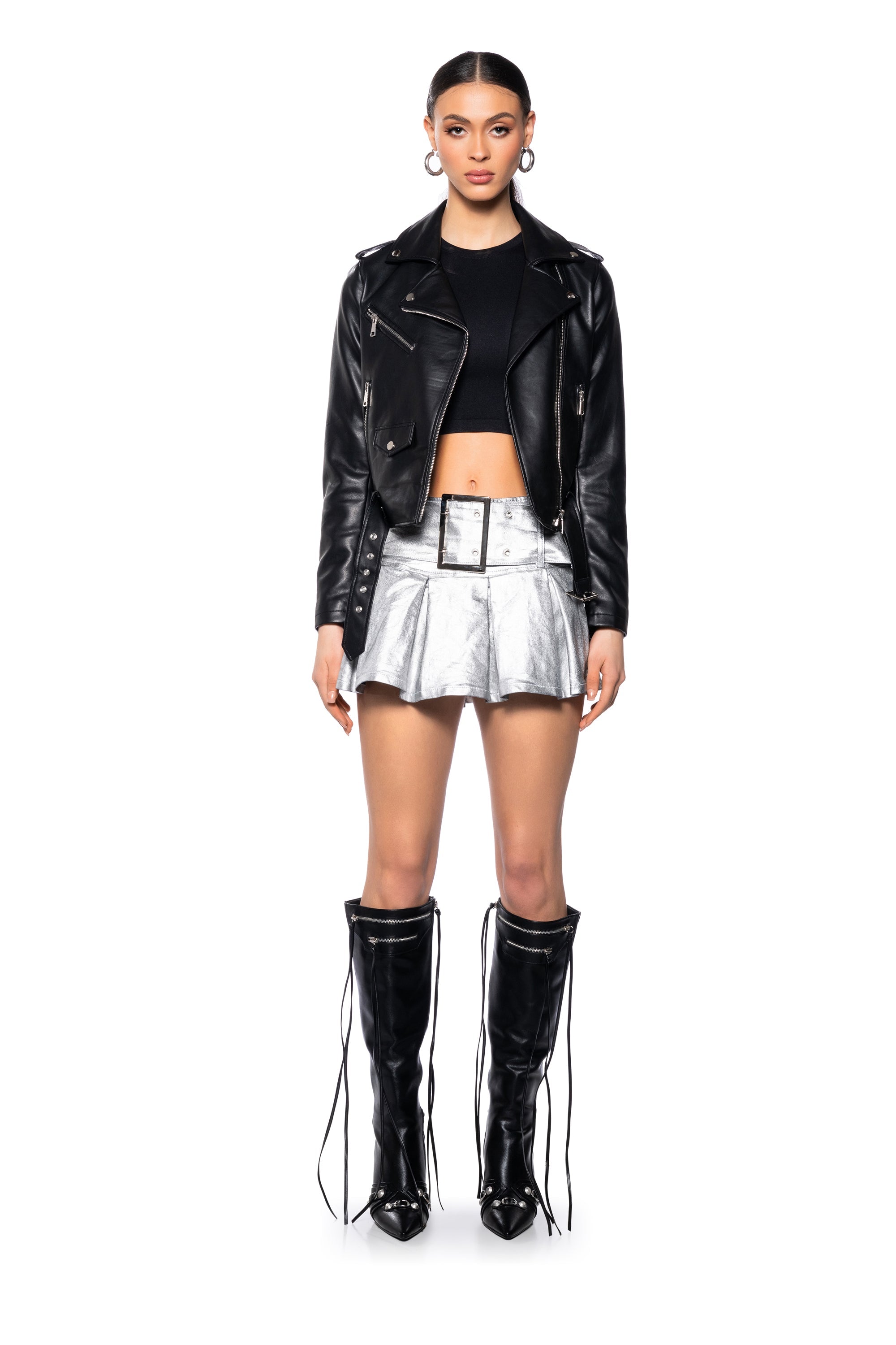 BELTED MICRO METALLIC MINI SKIRT