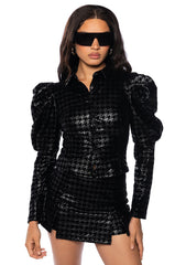 BETTER OFF ALONE STRETCH PU HOUNDSTOOTH BUTTON DOWN BLOUSE