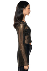 BLURRED LOVE LONG SLEEVE RHINESTONE TOP IN BLACK