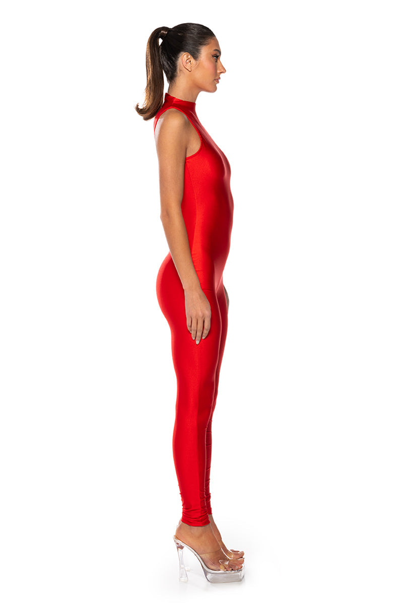 THE CASSIE SLEEVELESS SLINKY JUMPSUIT IN RED