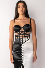 CATCH MY DRIFT MESH PANEL SATIN BUSTIER