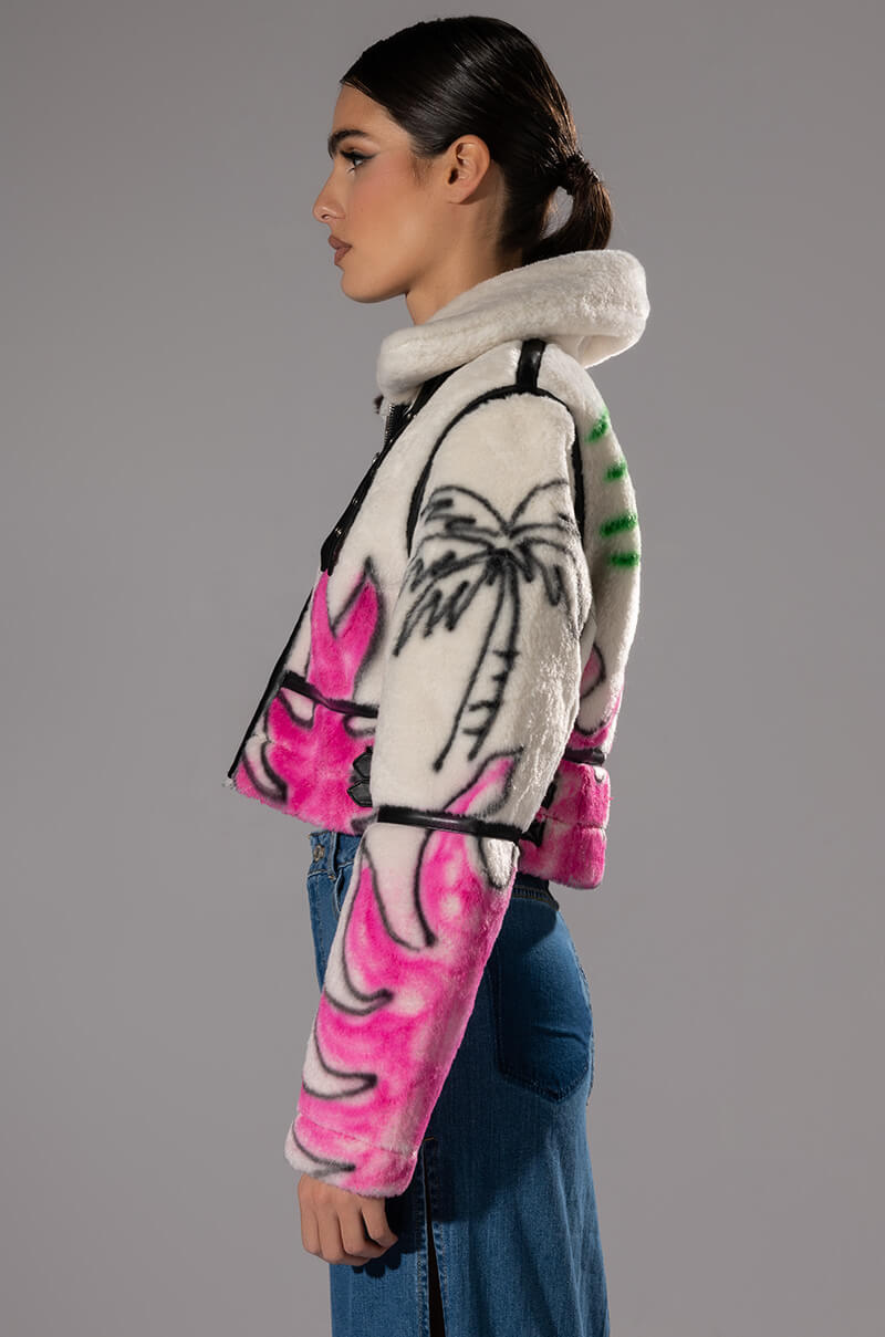 CRUSHING IT GRAFITI CROPPED SHERPA JACKET