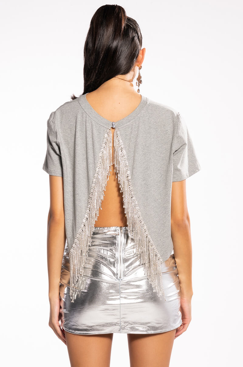 CURTAIN CALL OPEN BACK RHINESTONE CREW NECK TSHIRT