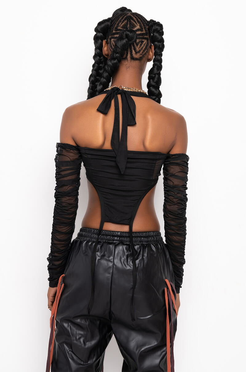 DIABOLICAL RUCHED LONG SLEEVE MESH BLOUSE