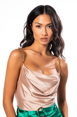 SLEEVELESS CHAIN DETAIL SATIN COWL NECK