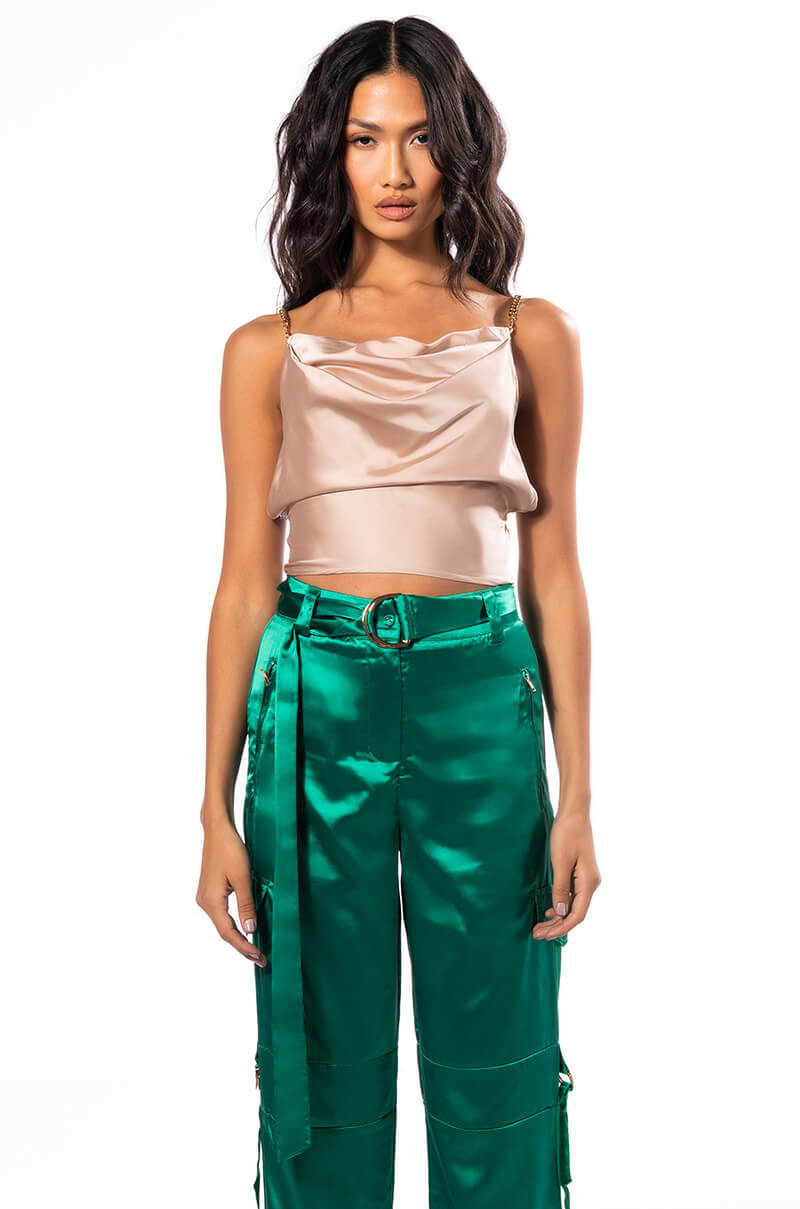 SLEEVELESS CHAIN DETAIL SATIN COWL NECK