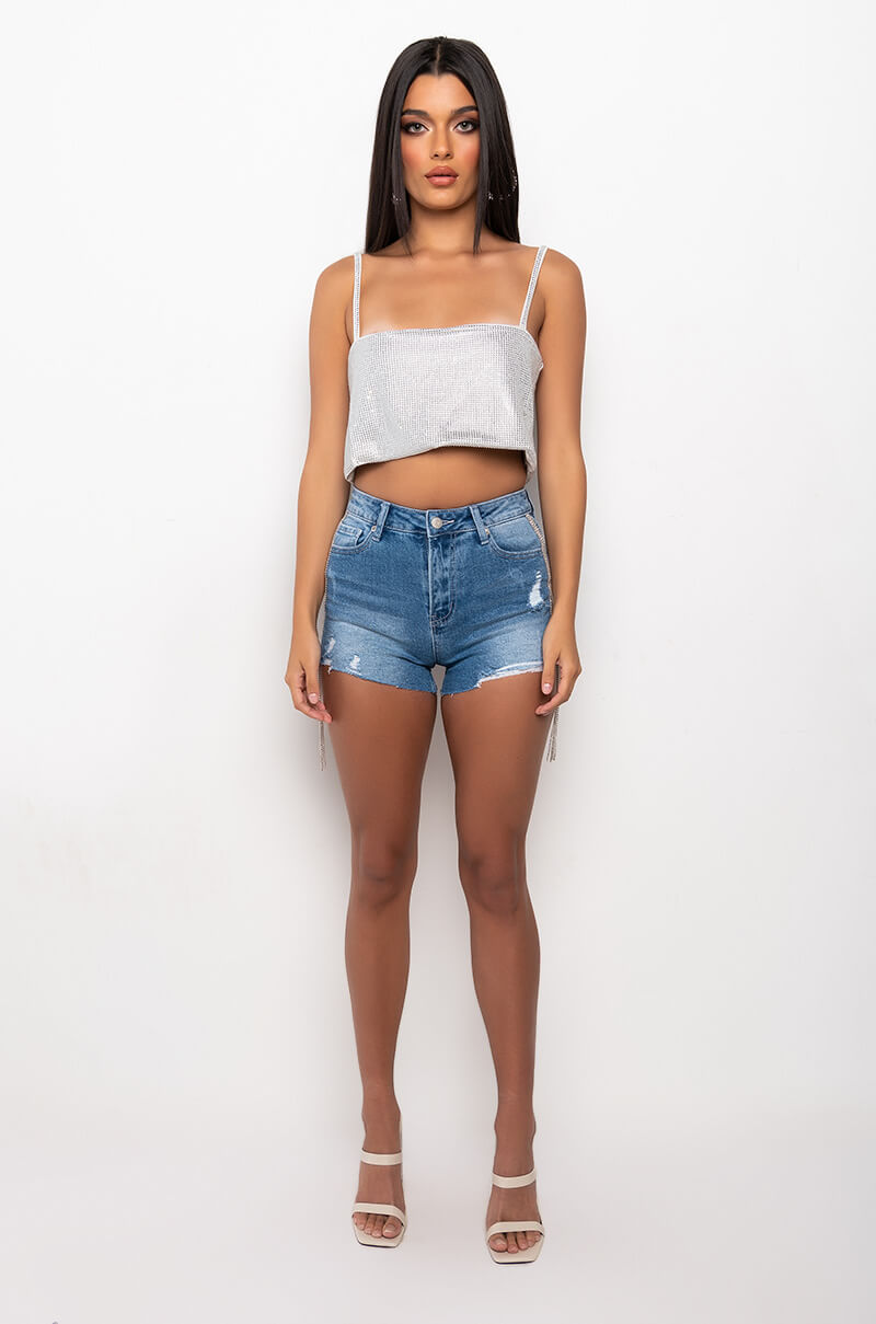 DONT STOP ME HIGH WAISTED RHINESTONES STRIPES JEANS SHORTS