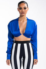DOWN TO THE WIRE CROPPED LONG SLEEVE V NECK SATIN BLOUSE