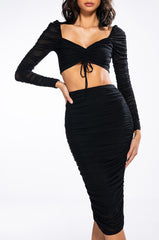 DRAMA FREE CINCHED MESH MIDI SKIRT