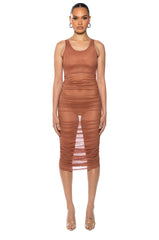 ECHO MESH RUCHED SLEEVELESS MIDI DRESS