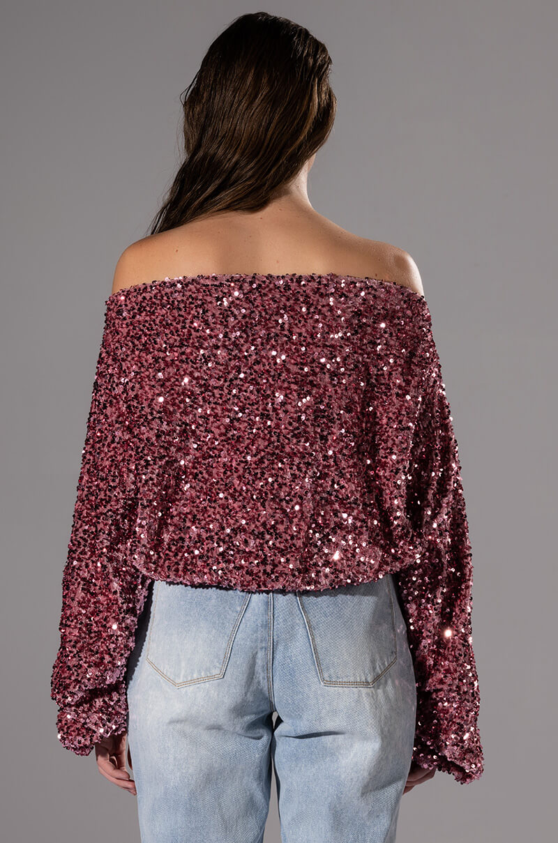 ENERGY OFF THE SHOULDER VELVET SEQUIN SWEATSHIRT