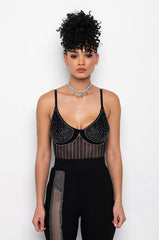FASHIONABLY LATE RHINESTONE MESH BODYSUIT