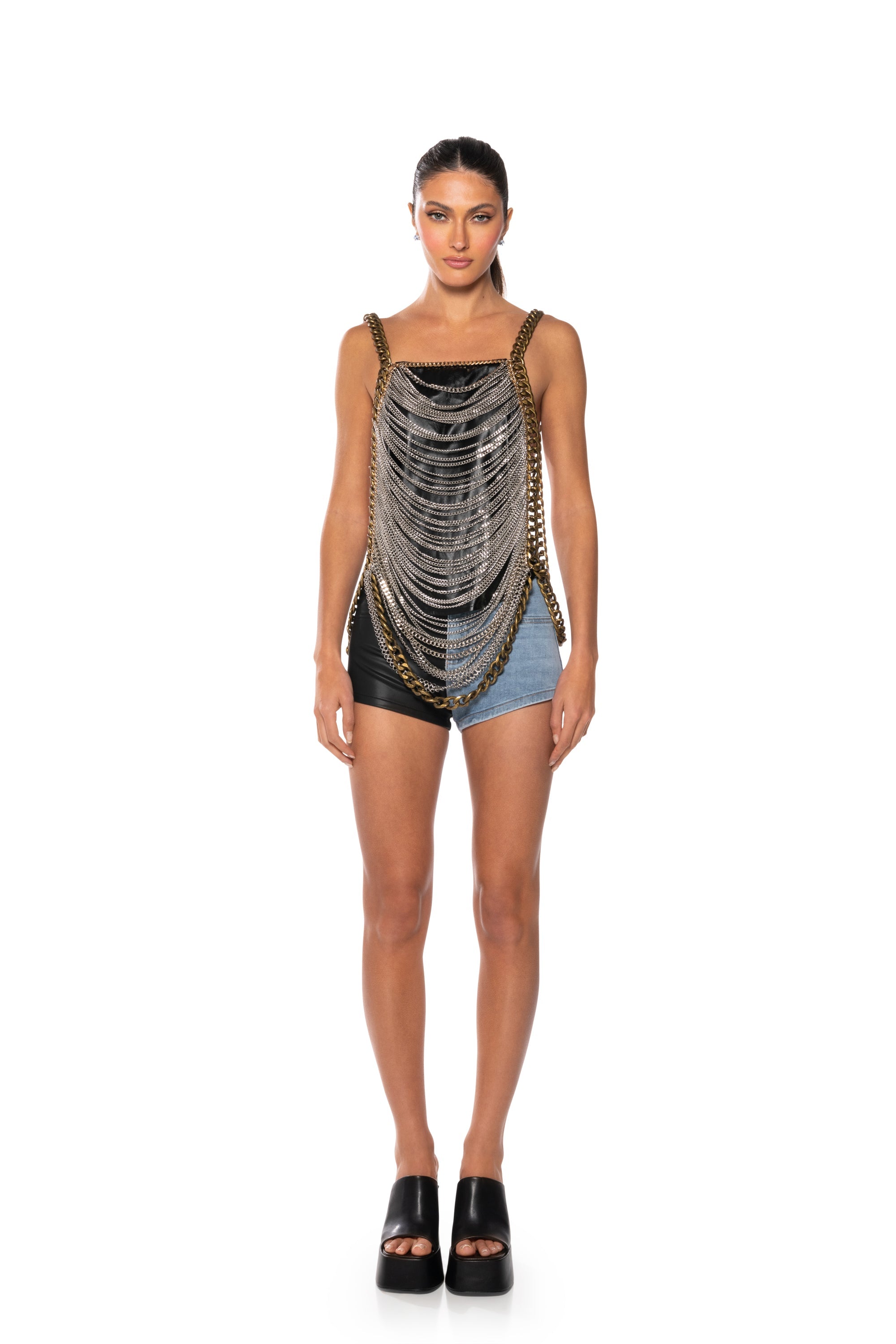 FLEX FIT EXTREME STRETCH FAUX LEATHER AND DENIM SHORTS