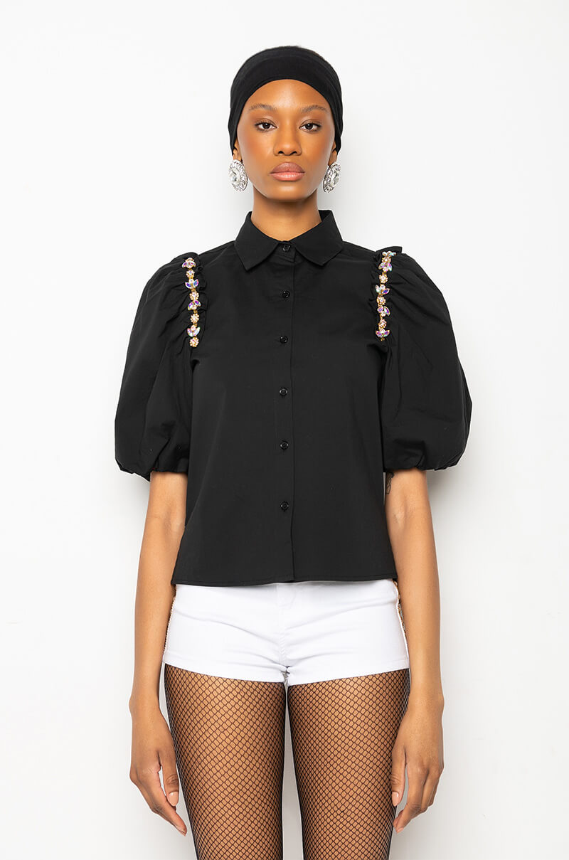 NARCISSA EMBELLISHED SHORT SLEEVE POPLIN BLOUSE