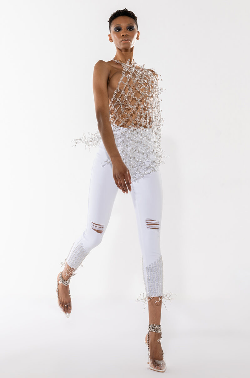 TOO GOOD HIGH WAISTED RHINESTONE FRINGE SKINNY JEANS