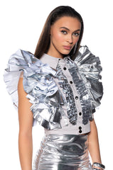 GREATEST SHOW METALLIC RUFFLE BUTTON DOWN BLOUSE