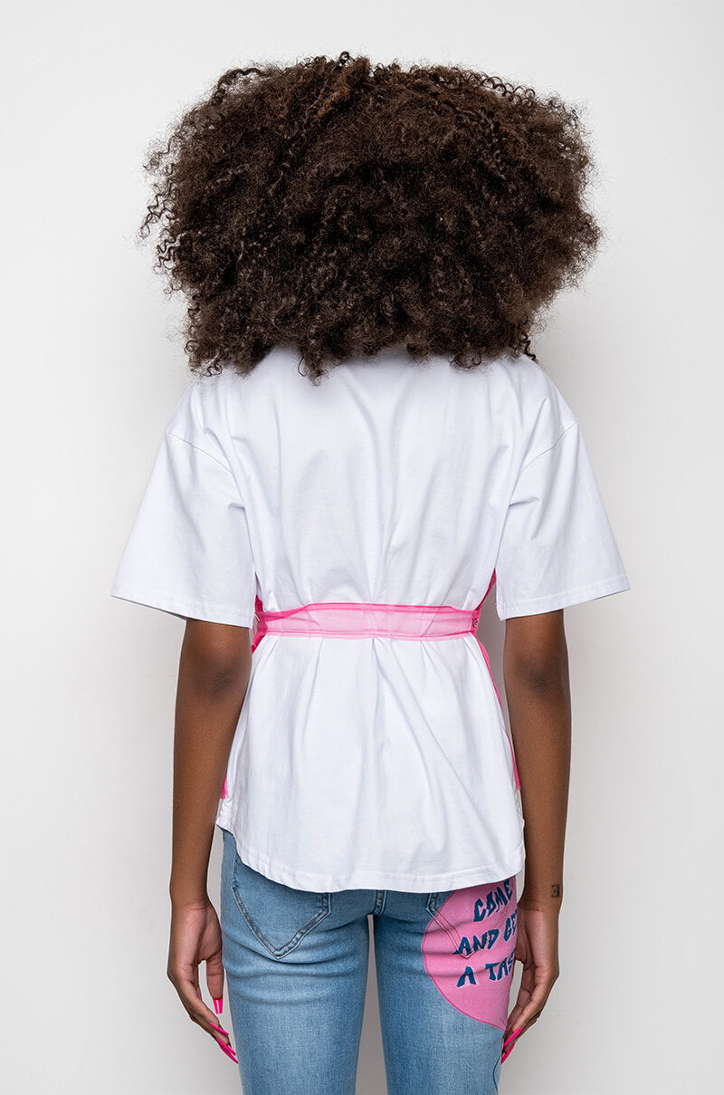 HERE COMES TROUBLE TULLE DETAIL BELTED T SHIRT