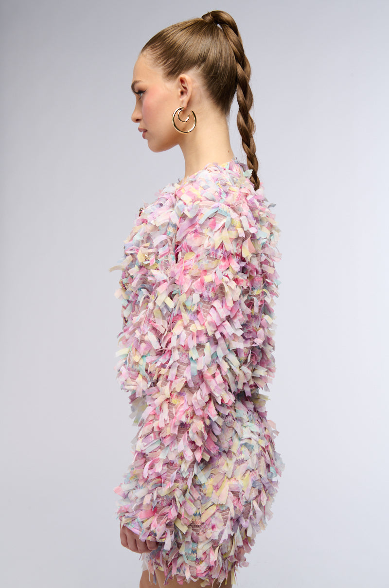 HERE WITH ME FRINGE BLAZER JACKET IN PINK MULTI