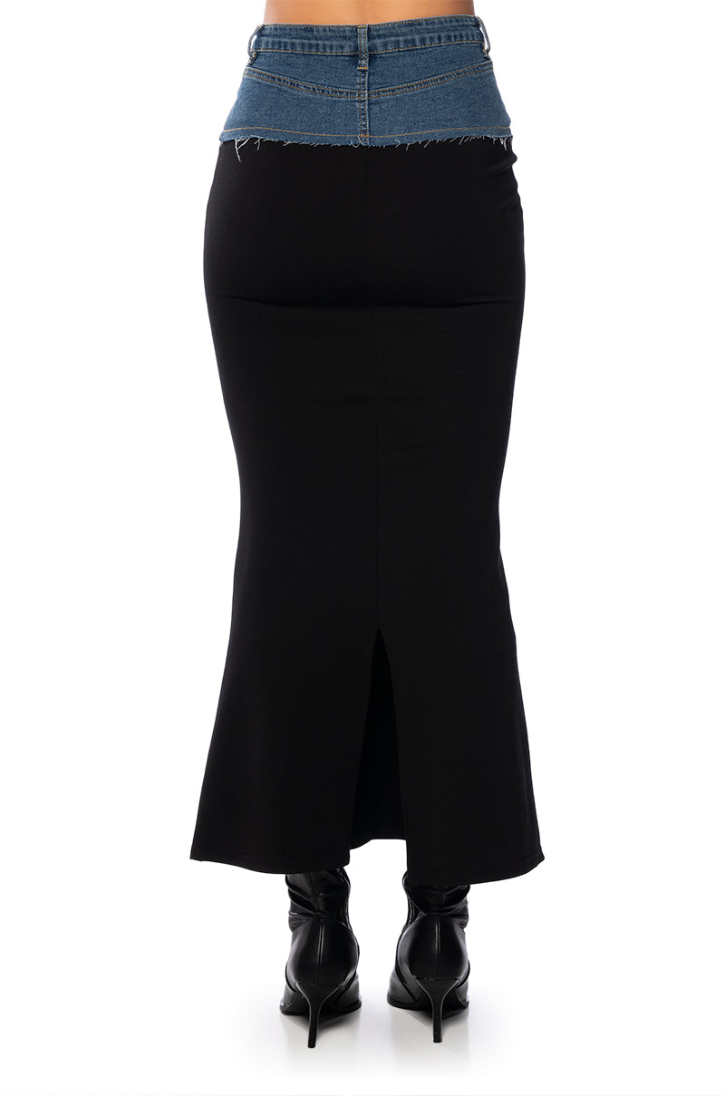 HOLLYWOOD DREAMS DENIM AND COTTON MAXI SKIRT