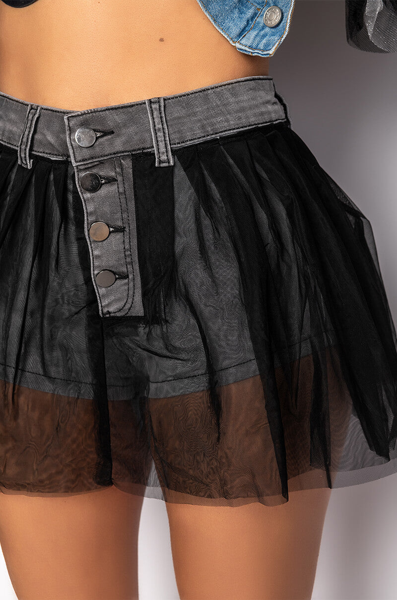 HOW SOON IS NOW TULLE DENIM SHORTS