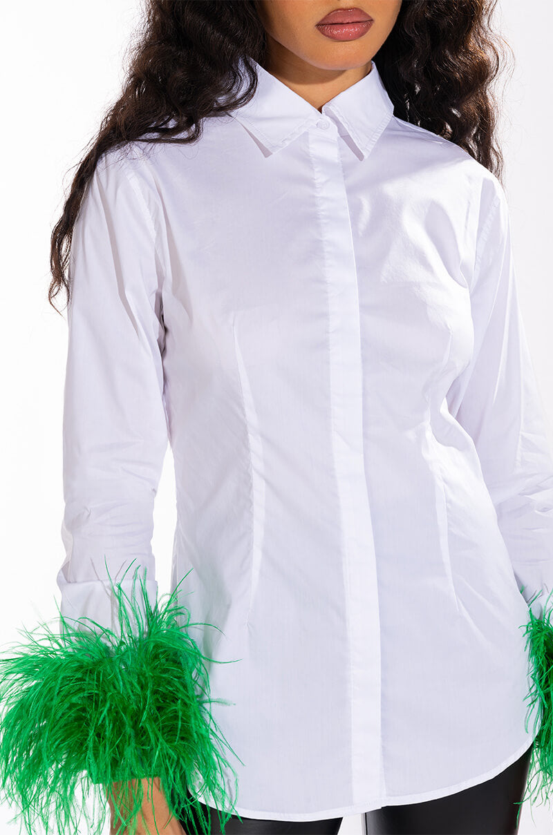 IM A FLIRT OSTRICH FEATHER BUTTON DOWN BLOUSE