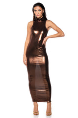 IN THE CROWD METALLIC MIDI DRESS IN BROWN
