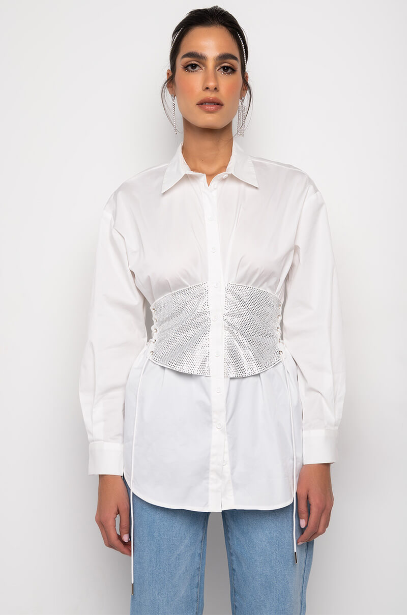 IVY RHINESTONE CORSET BUTTON DOWN BLOUSE