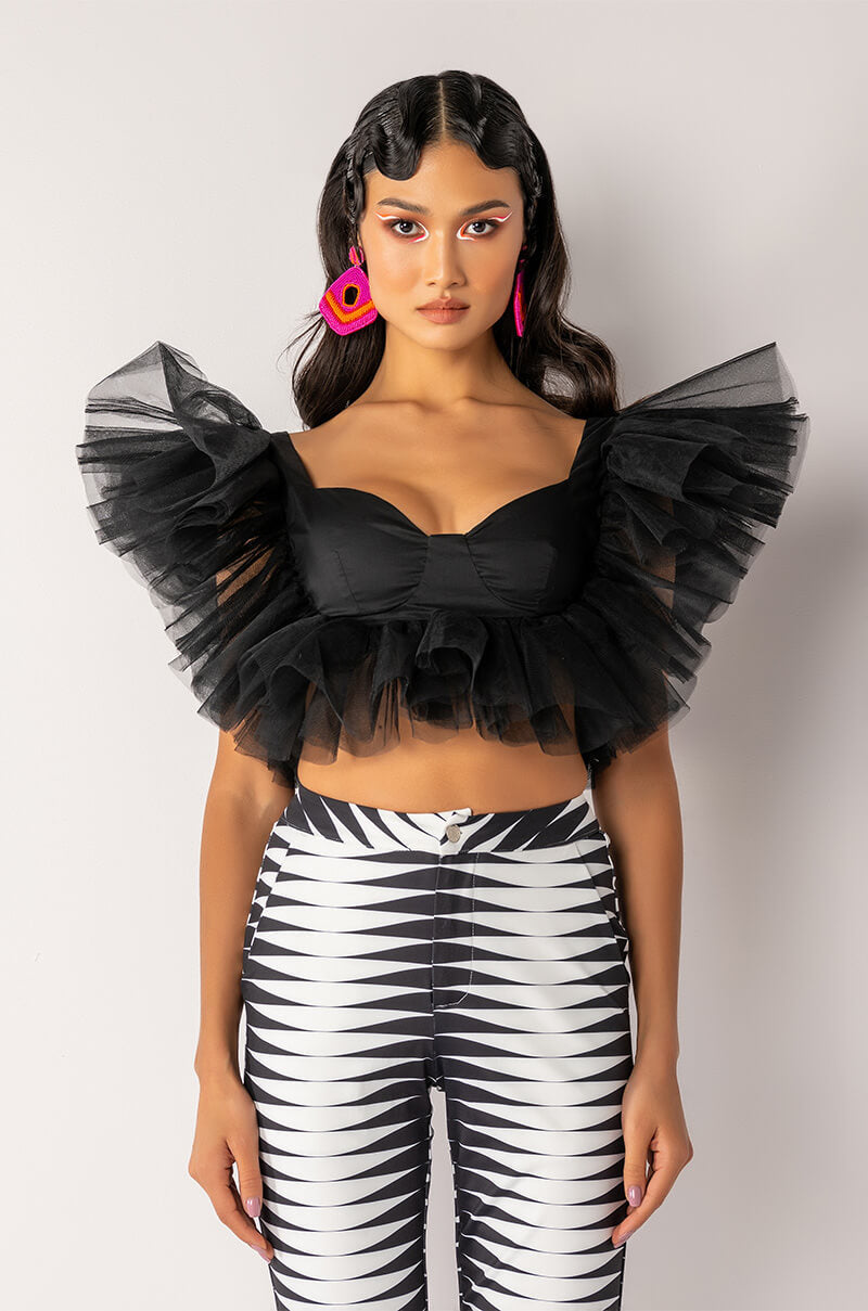 JUNO RUFFLE SLEEVE TULLE DETAIL CROPPED BLOUSE
