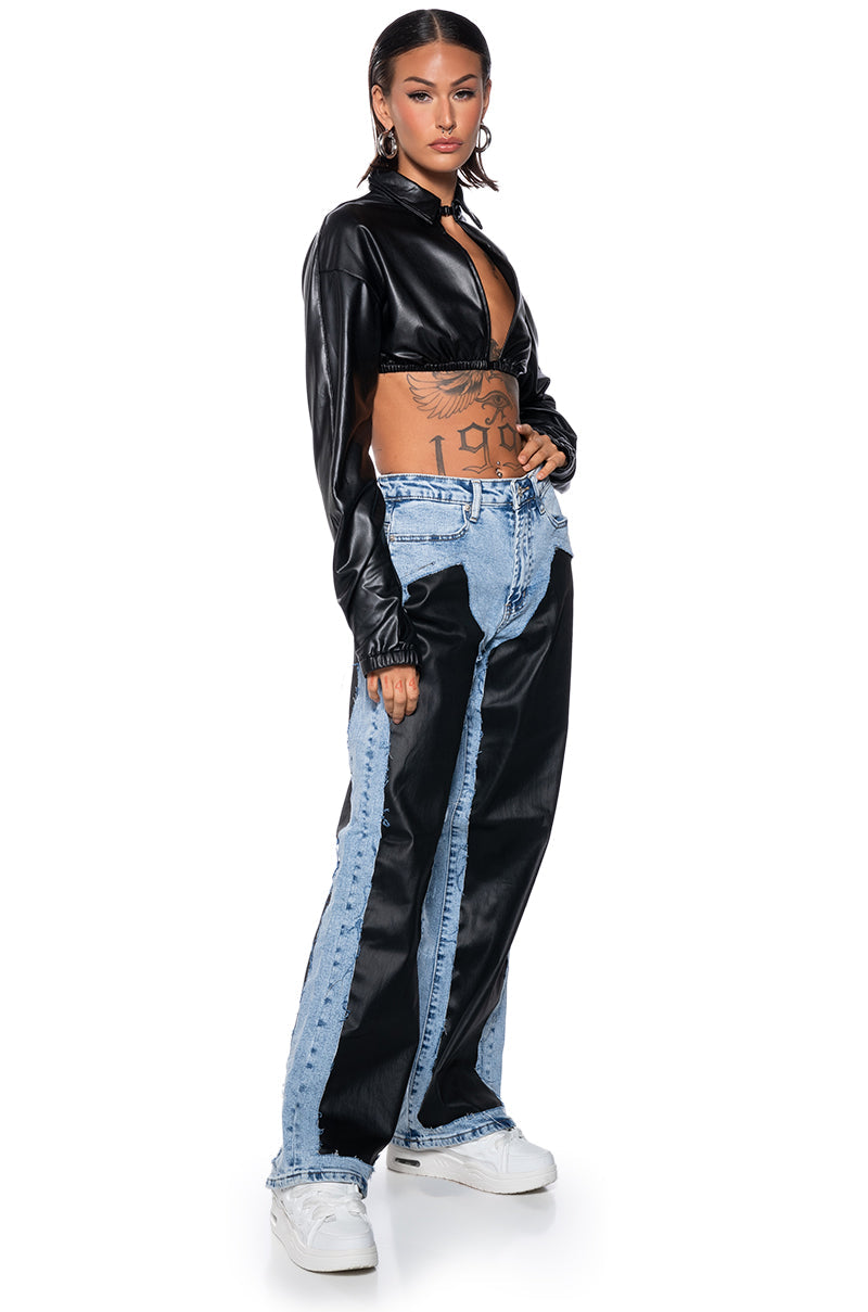 KEEP UP FAUX LEATHER COLLARED CROPPED SHIRT