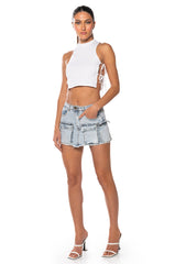 LOOKING UP DENIM CARGO MINI SKIRT
