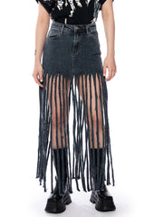 LOST AT SEA FRINGE DENIM MAXI SKIRT