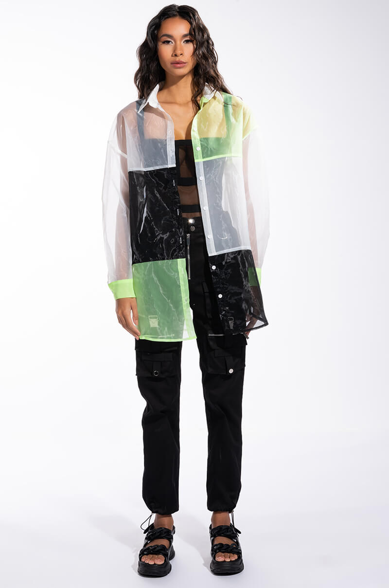 MADE YOU LOOK COLORBLOCK LONG SLEEVE ORGANZA BUTTON DOWN