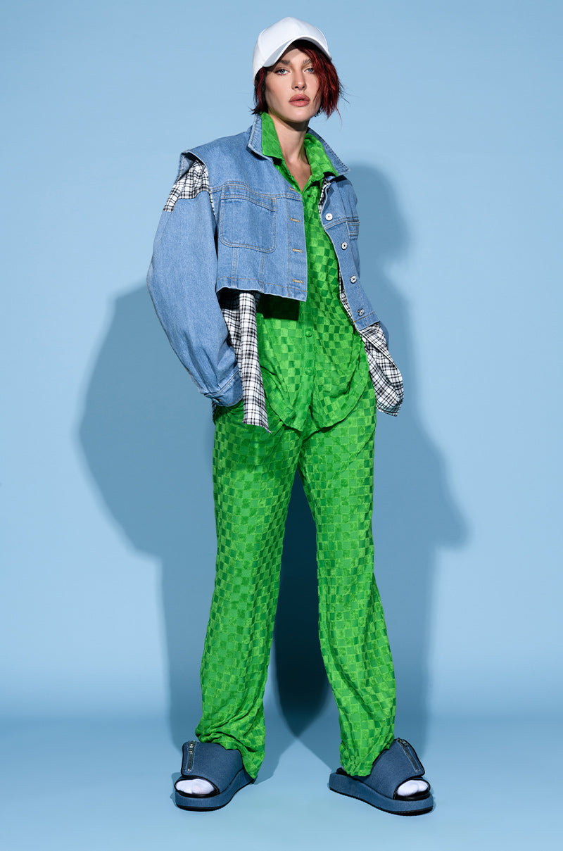 MICHELLE TERRY CHECKER TEXTURED WIDE LEG PANT