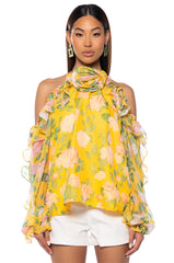 MISTY FLORAL PRINT COLD SHOULDER CHIFFON BLOUSE