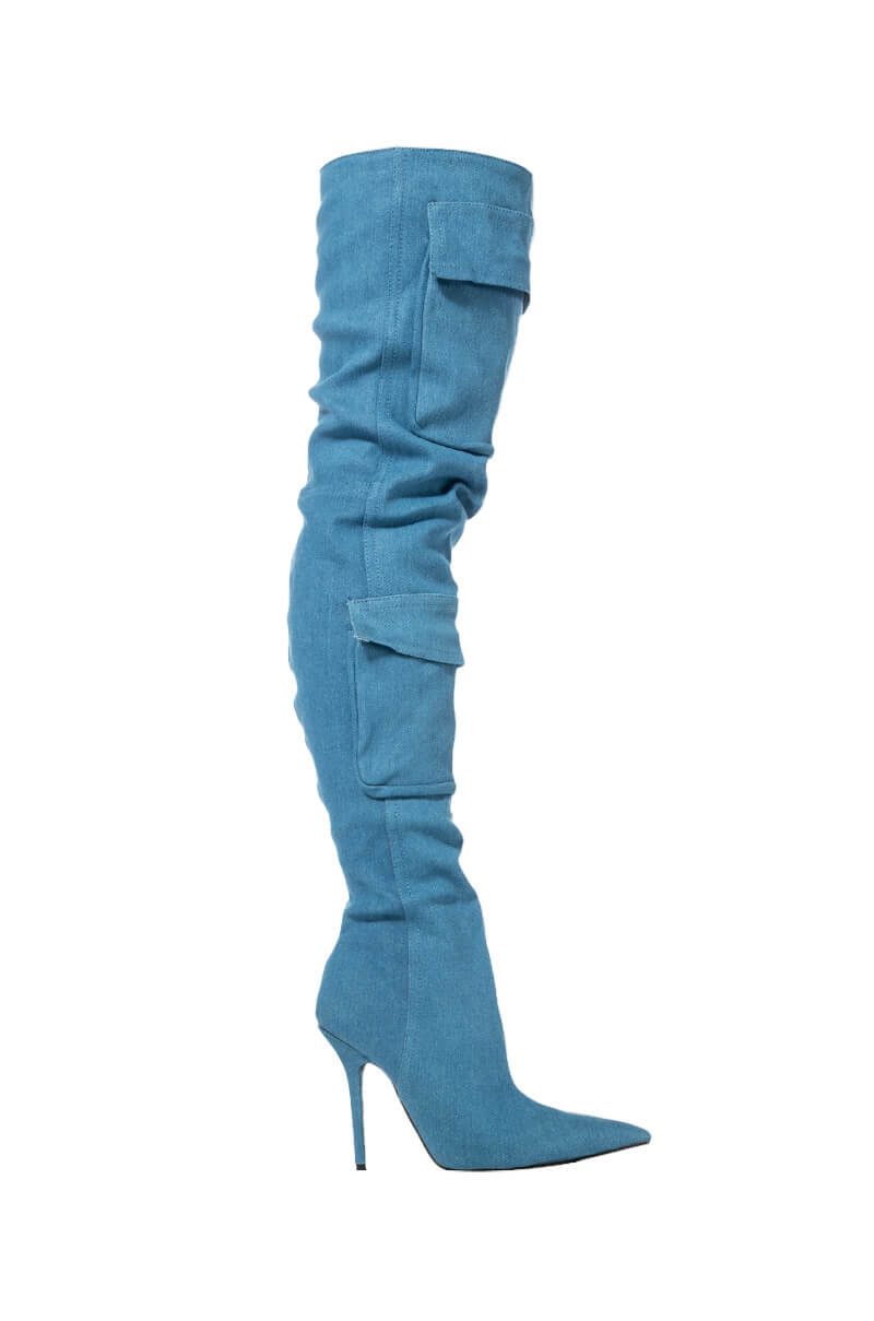 MOTOFOX STILETTO OVER THE KNEE BOOT IN BLUE DENIM