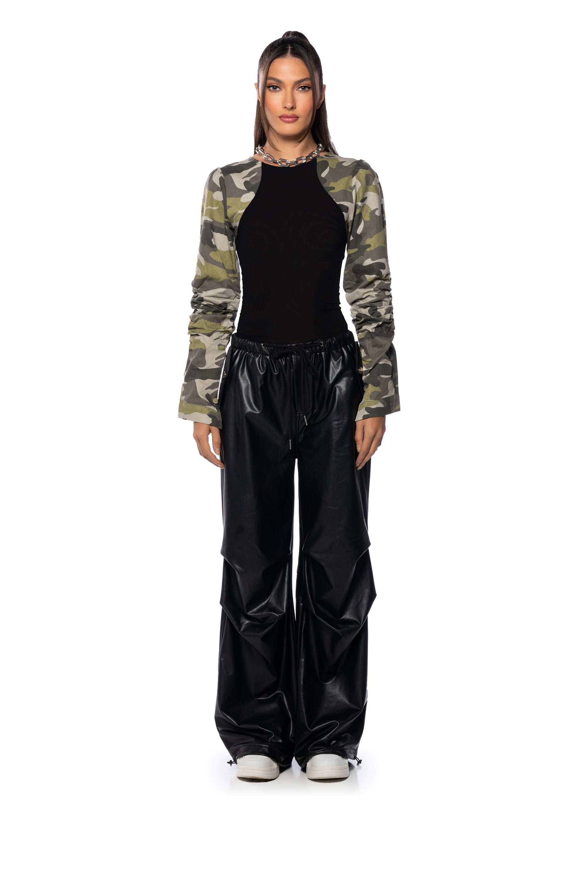 MOVING DISCREETLY CAMO STRETCH KNIT BODYSUIT