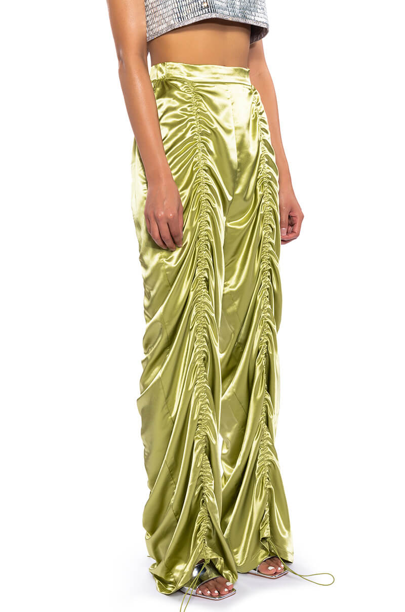 NEVER REGULAR CINCHED SATIN HIGH RISE PANTS