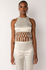NEXT STOP CANNES BEADED TRIM SLEEVELESS SATIN BLOUSE